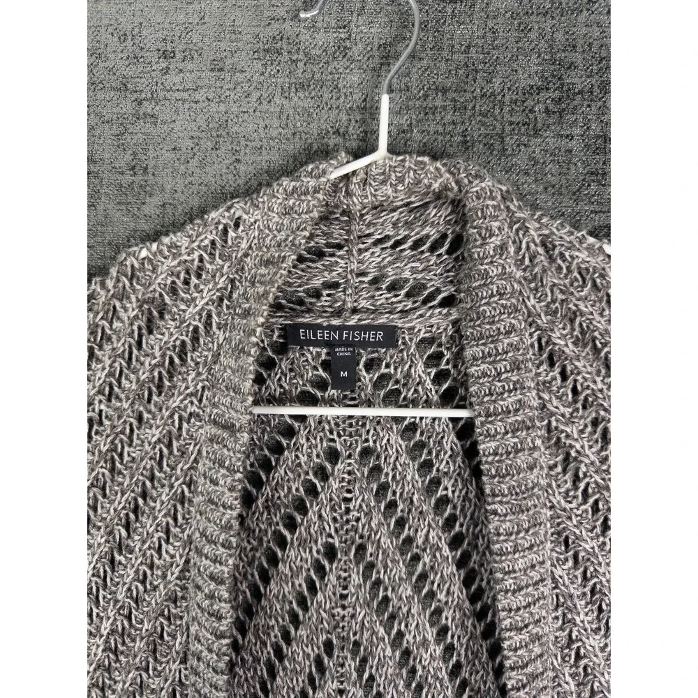 Eileen Fisher Cardigan Womens M Gray Crochet Long Open Front Cotton‎ Minimalist